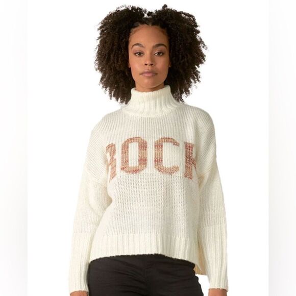 Elan ROCK Winter White Bronze Lettering Oversize Mock Neck Slouchy Sweater - L - Picture 15 of 15